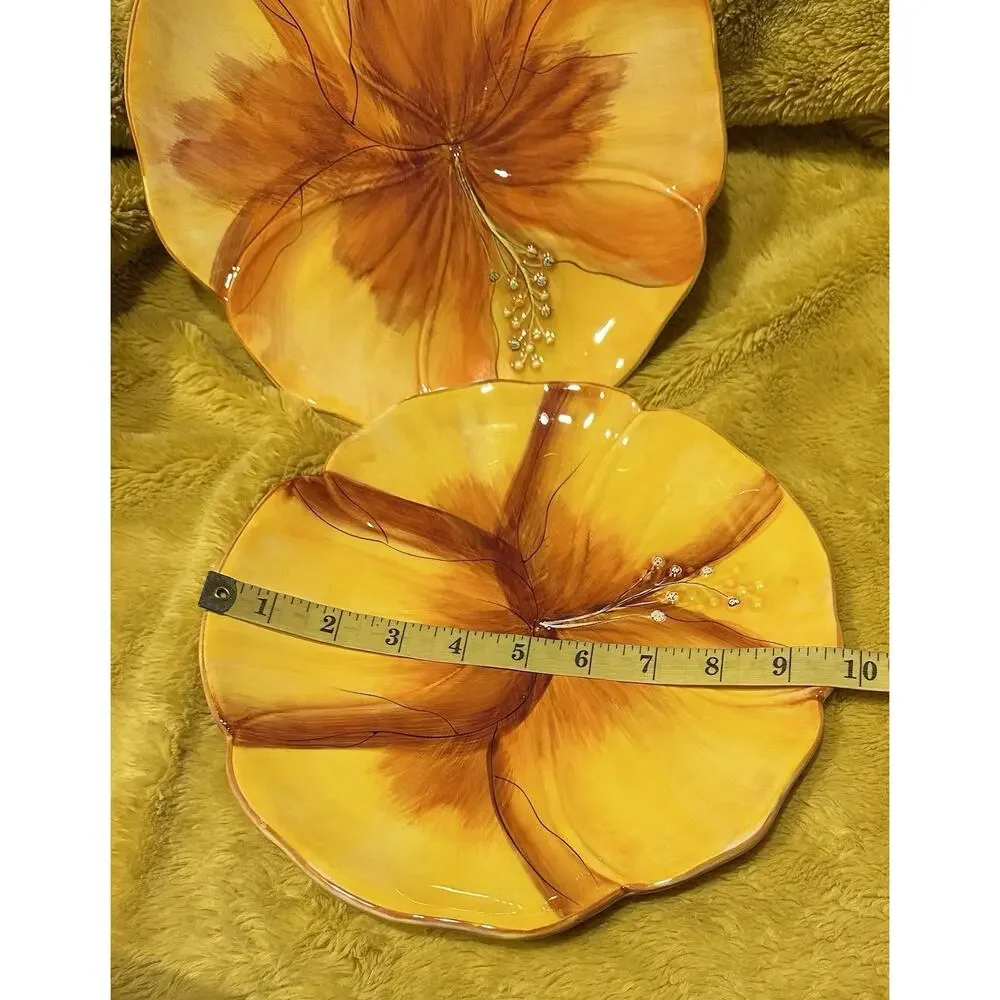 Gates Ware Flower Shaped Ceramic Plates Set Of 2 Spring Summer Orange hibiscus